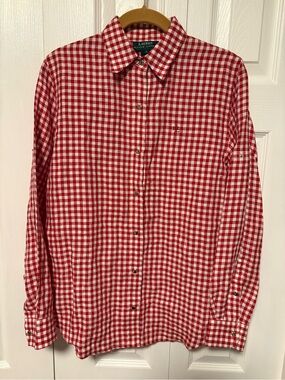 NWOT Ralph Lauren 100% Linen Red Gingham Button-Down Shirt - pit to pit is 19”